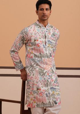 White Printed Cotton Kurta For Men