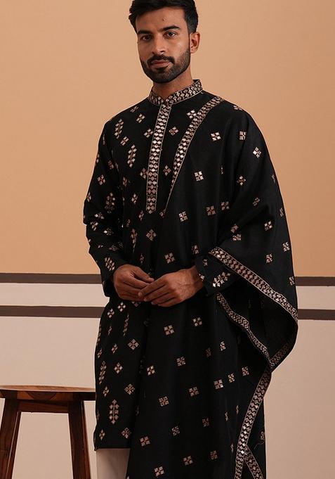 Black Embroidery Cotton Kurta For Men