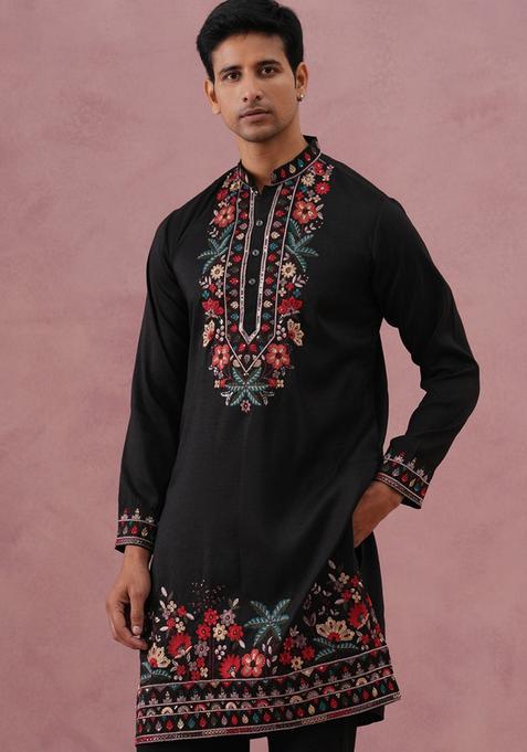 Black Embroidery Cotton Kurta For Men