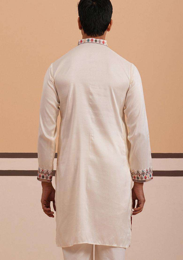 White Embroidery Cotton Kurta For Men - Indya