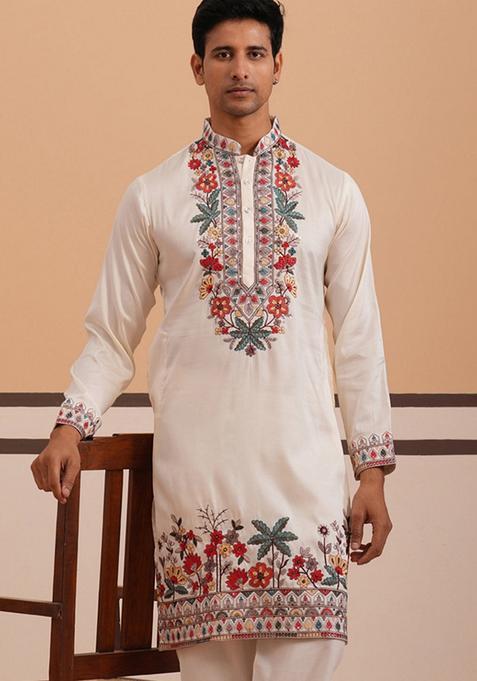 White Embroidery Cotton Kurta For Men