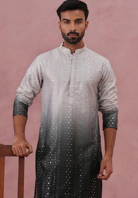 Grey Embroidery Cotton Kurta For Men