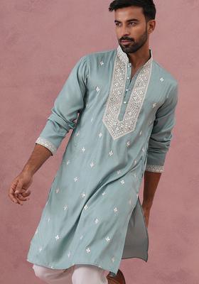 Blue Embroidery Cotton Kurta For Men
