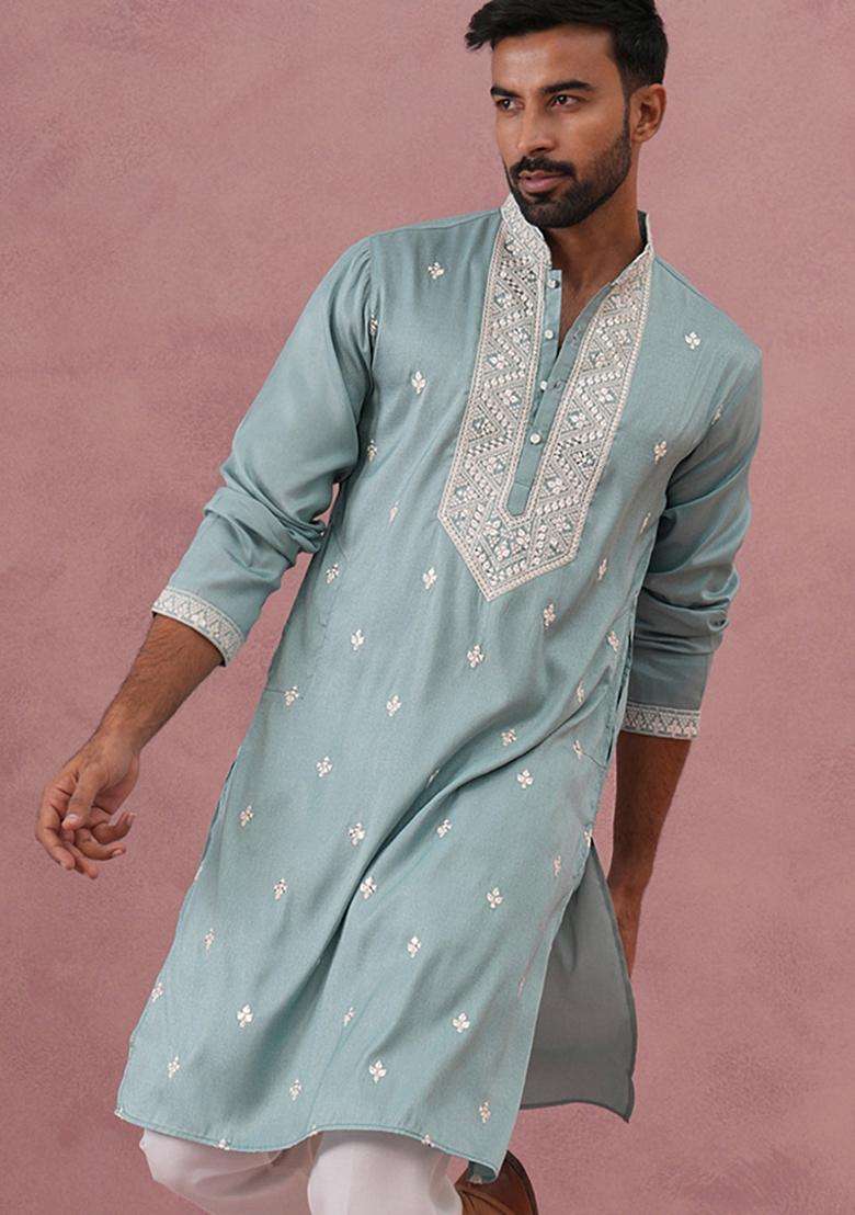 Blue Embroidery Cotton Kurta For Men - Indya