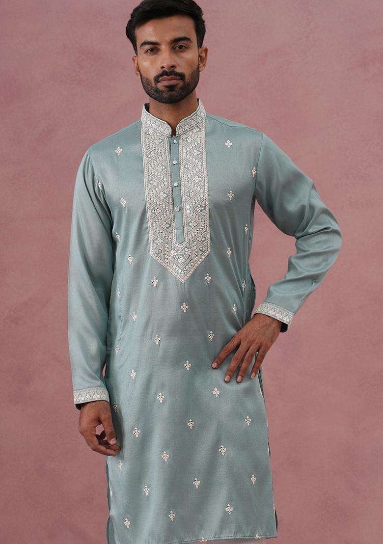 Blue Embroidery Cotton Kurta For Men - Indya