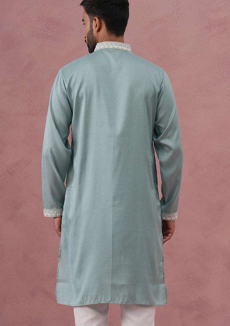 Blue Embroidery Cotton Kurta For Men - Indya