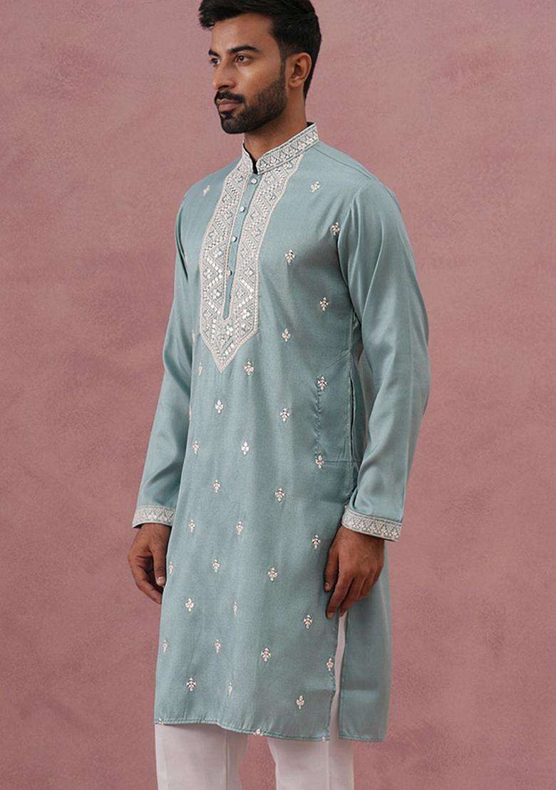 Blue Embroidery Cotton Kurta For Men - Indya