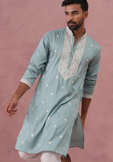 Blue Embroidery Cotton Kurta For Men
