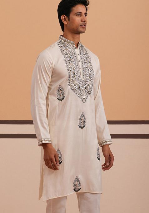 White Embroidery Cotton Kurta For Men