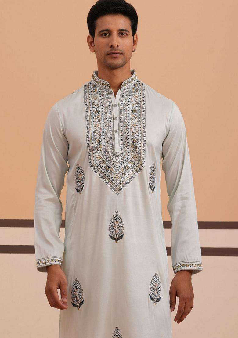Blue Embroidery Cotton Kurta For Men - Indya