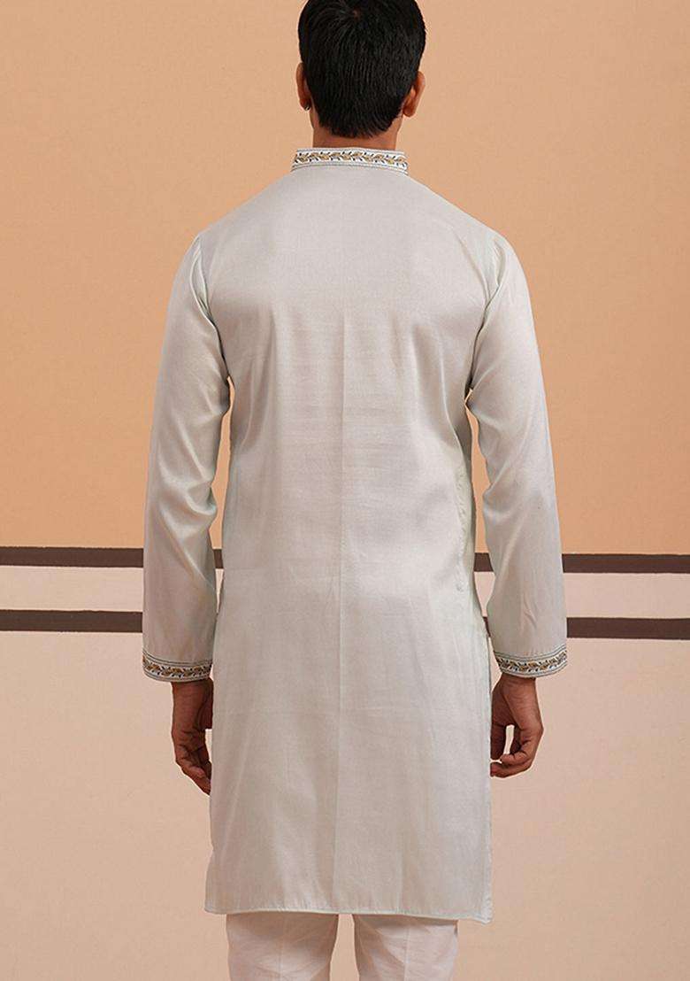 Blue Embroidery Cotton Kurta For Men - Indya
