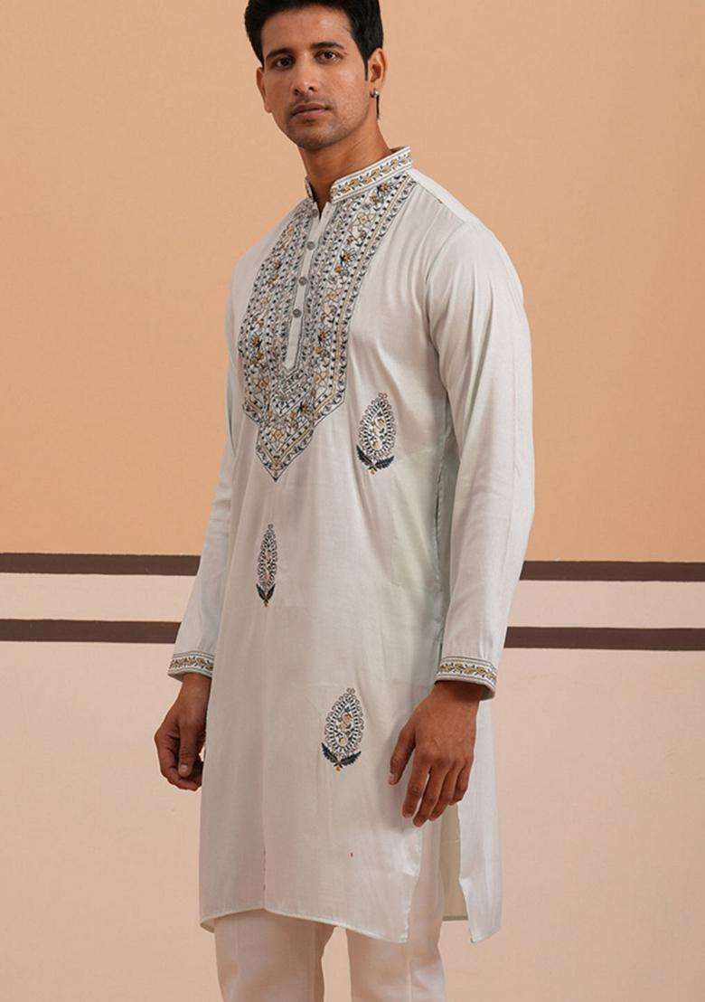 Blue Embroidery Cotton Kurta For Men - Indya