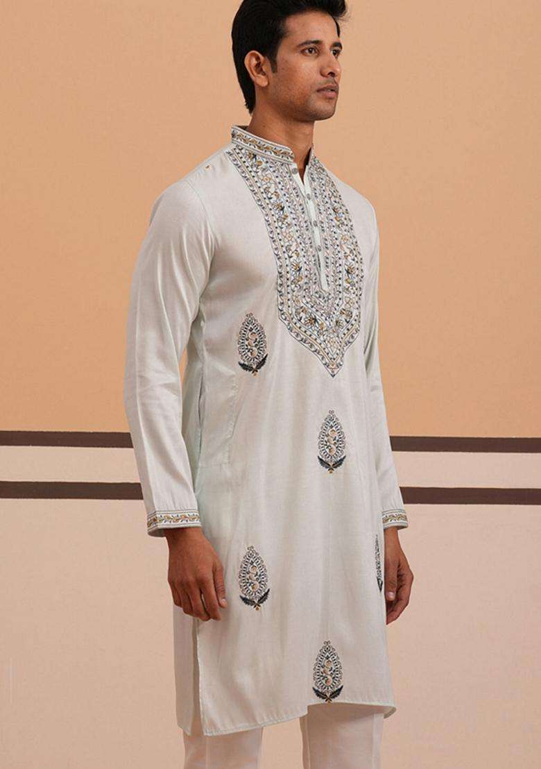 Blue Embroidery Cotton Kurta For Men - Indya