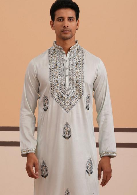 Blue Embroidery Cotton Kurta For Men