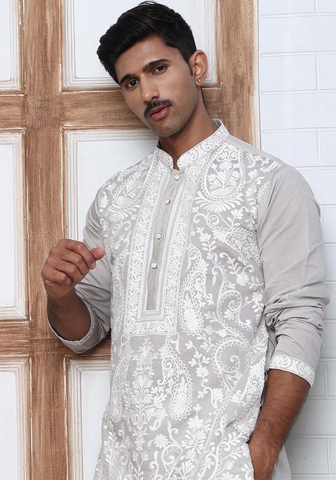 Grey Embroidery Cotton Kurta For Men