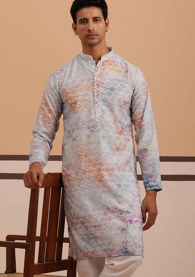 Blue Embroidery Cotton Kurta For Men - Indya