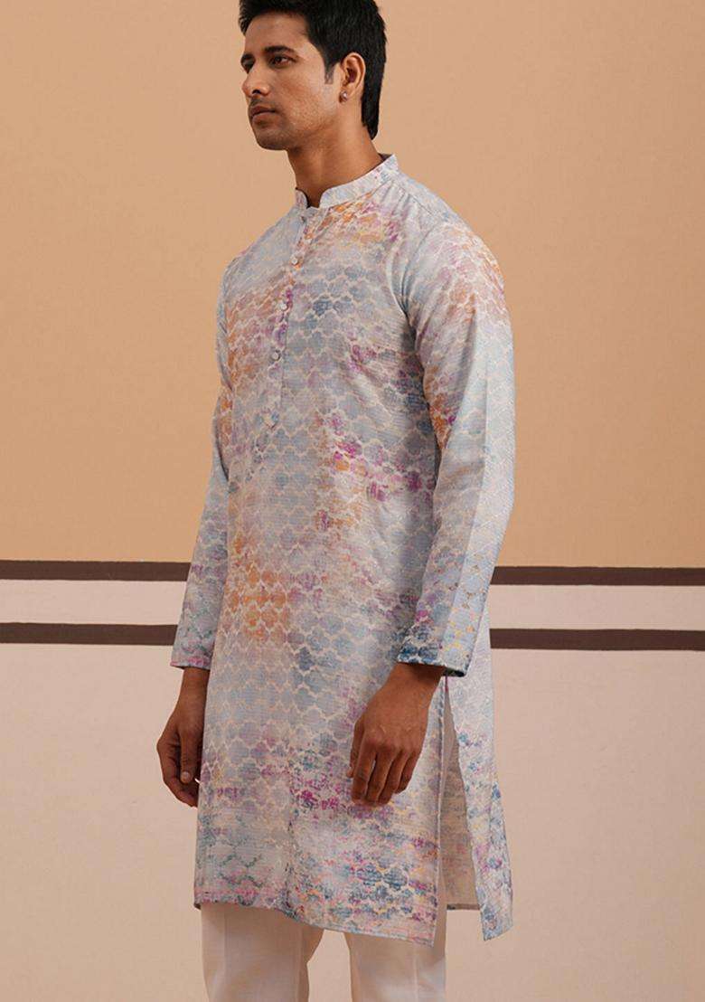 Blue Embroidery Cotton Kurta For Men - Indya