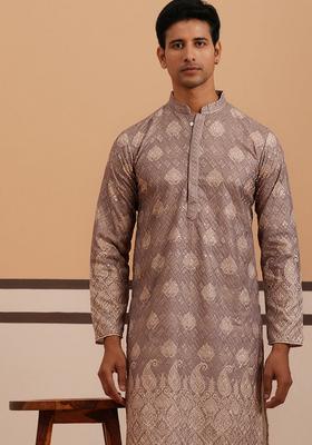 Grey Embroidery Cotton Kurta For Men
