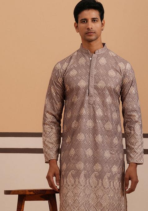 Grey Embroidery Cotton Kurta For Men