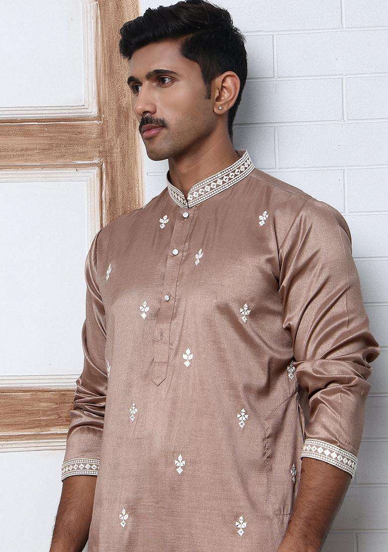 Brown Embroidery Cotton Kurta For Men - Indya
