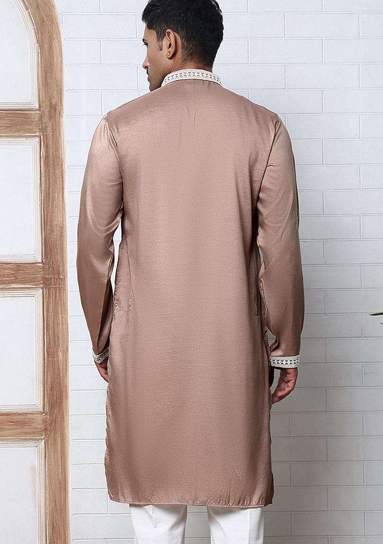 Brown Embroidery Cotton Kurta For Men - Indya
