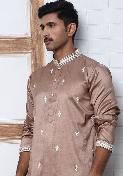Brown Embroidery Cotton Kurta For Men
