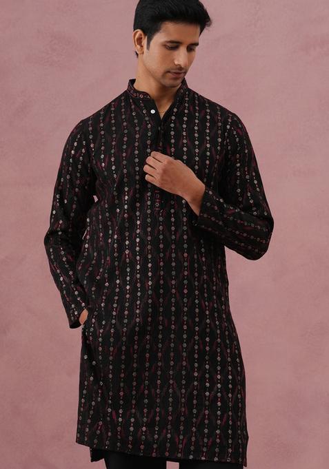 Black Embroidery Cotton Kurta For Men