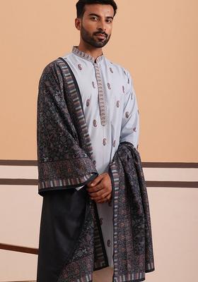 Blue Printed Cotton Kurta For Men