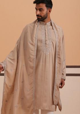 Beige Embroidery Cotton Kurta For Men