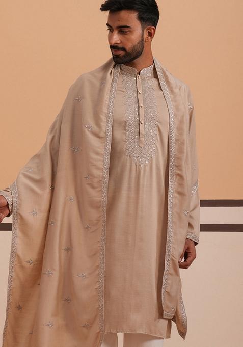 Beige Embroidery Cotton Kurta For Men