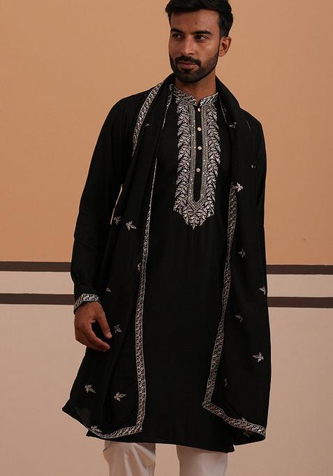 Black Embroidery Cotton Kurta For Men