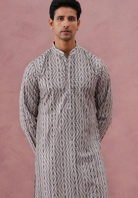 Grey Printed Cotton Kurta For Men