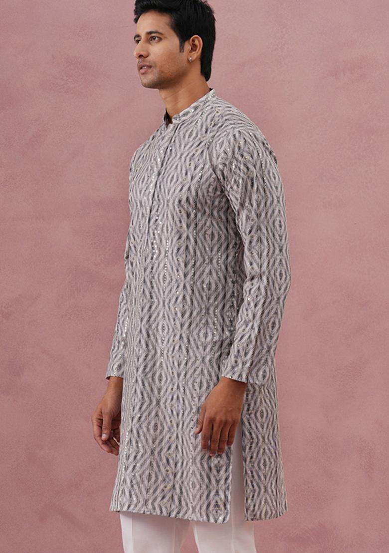 Grey Printed Cotton Kurta For Men - Indya