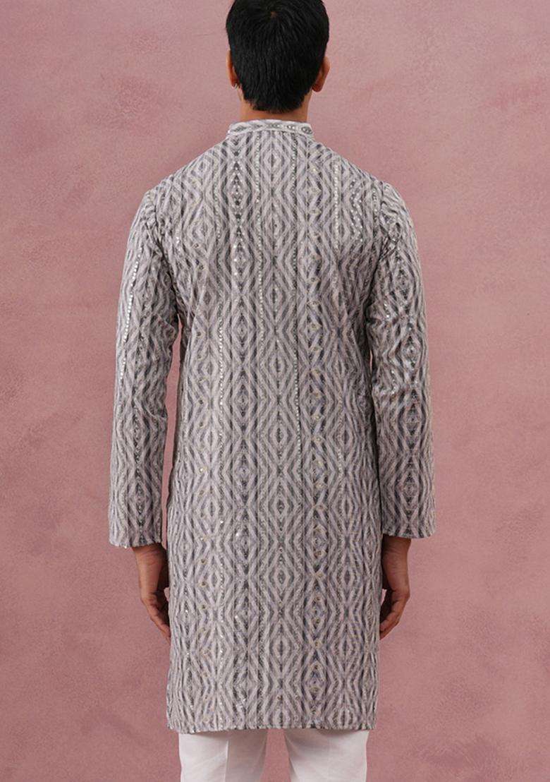 Grey Printed Cotton Kurta For Men - Indya