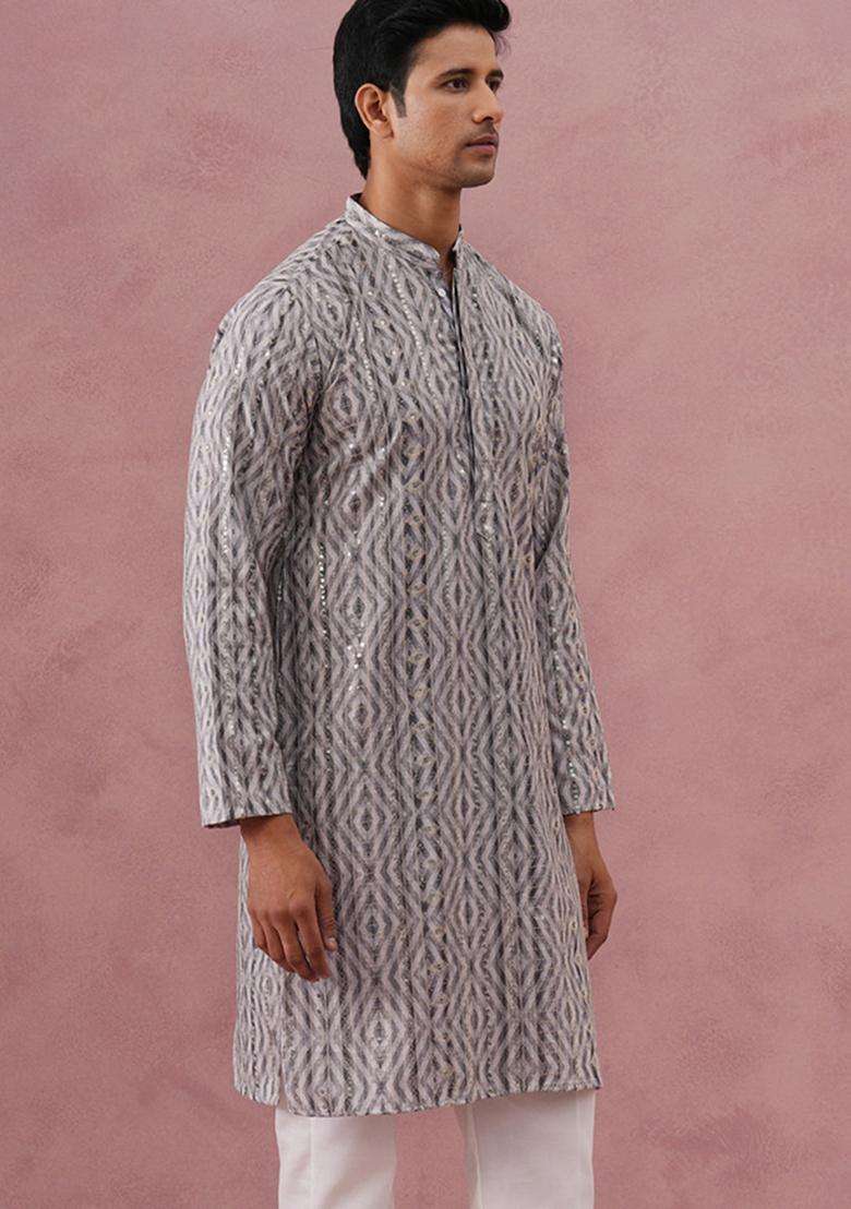 Grey Printed Cotton Kurta For Men - Indya