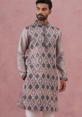 Grey Embroidery Cotton Kurta For Men