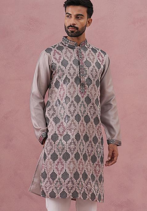 Grey Embroidery Cotton Kurta For Men