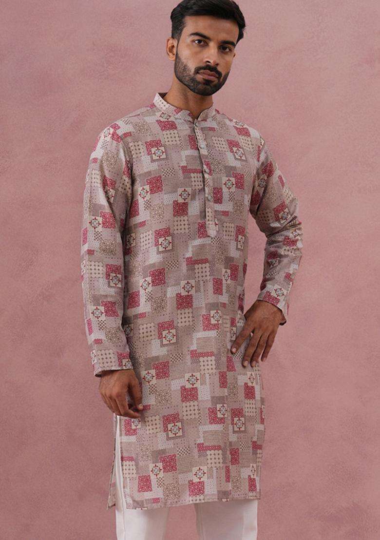 Brown Printed Cotton Kurta For Men - Indya
