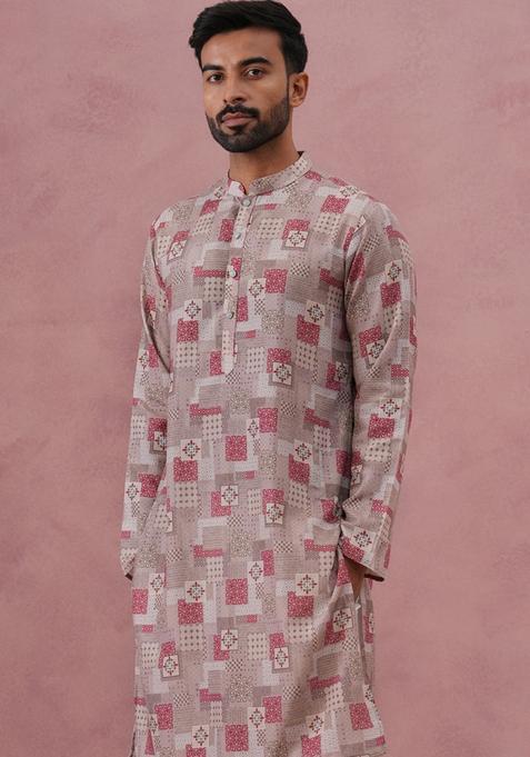 Brown Printed Cotton Kurta For Men