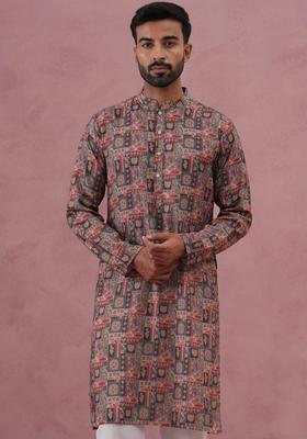 Grey Printed Cotton Kurta For Men