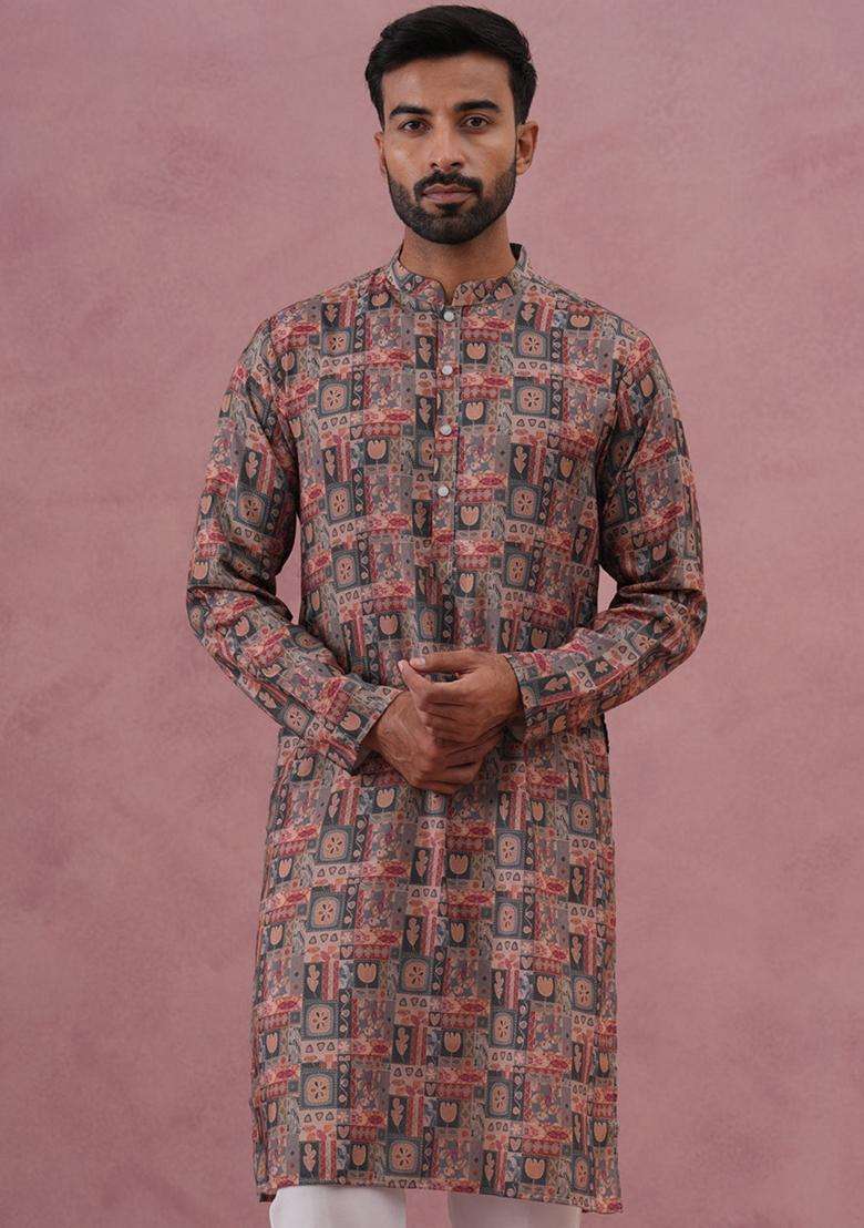 Grey Printed Cotton Kurta For Men - Indya