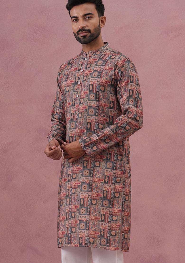 Grey Printed Cotton Kurta For Men - Indya