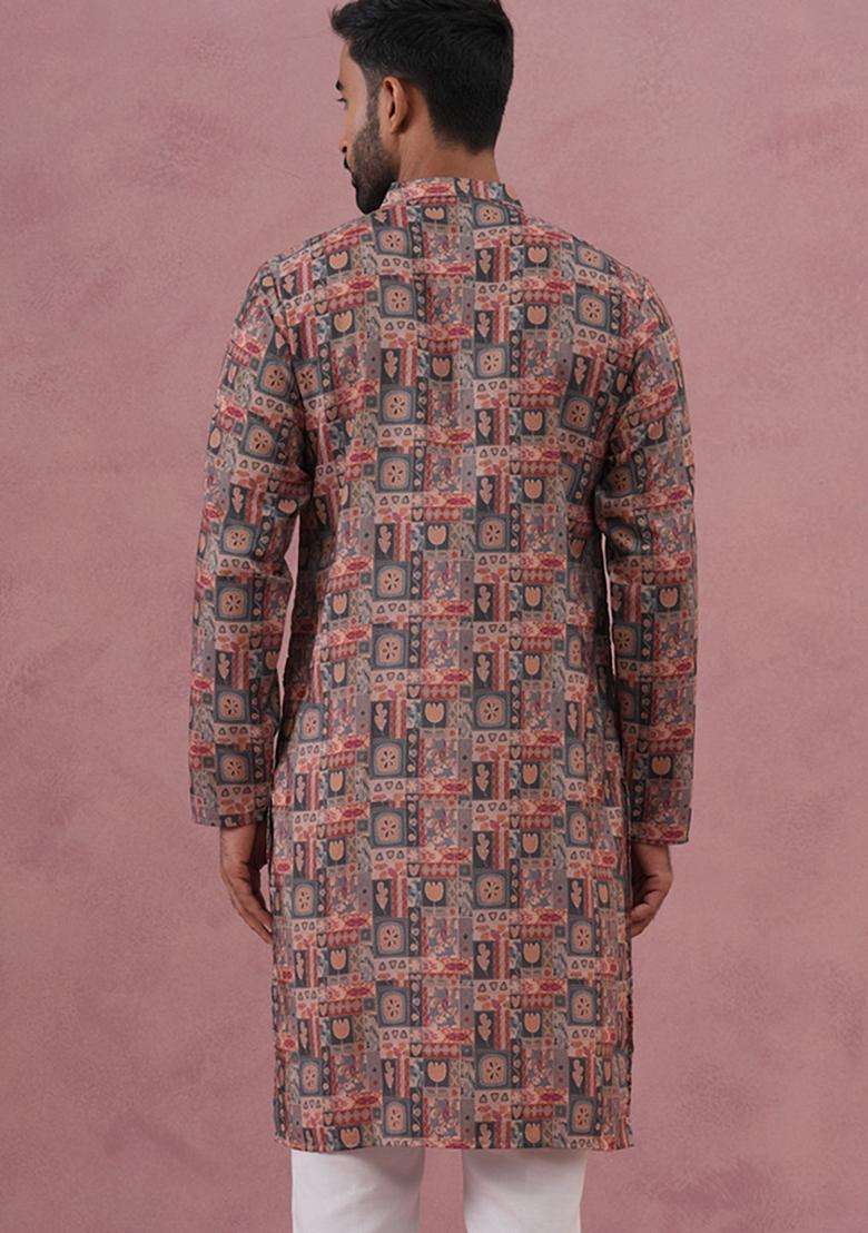 Grey Printed Cotton Kurta For Men - Indya
