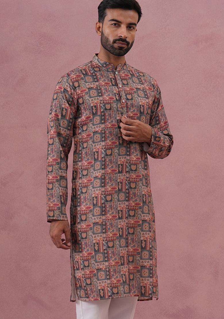 Grey Printed Cotton Kurta For Men - Indya