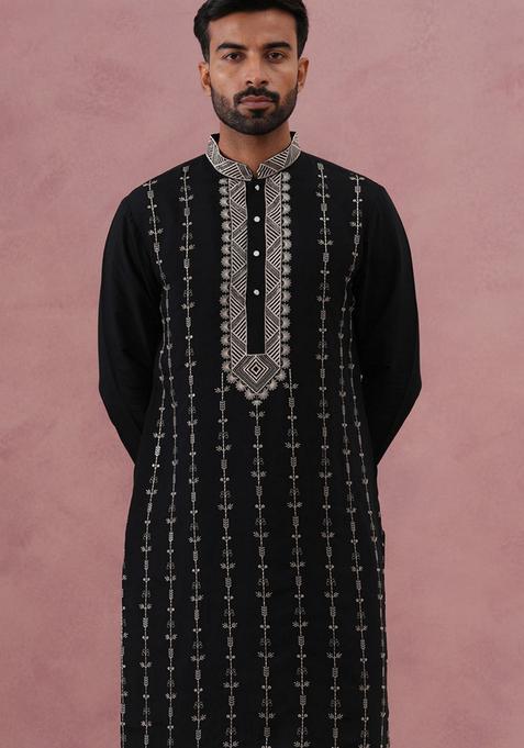 Black Embroidery Cotton Kurta For Men