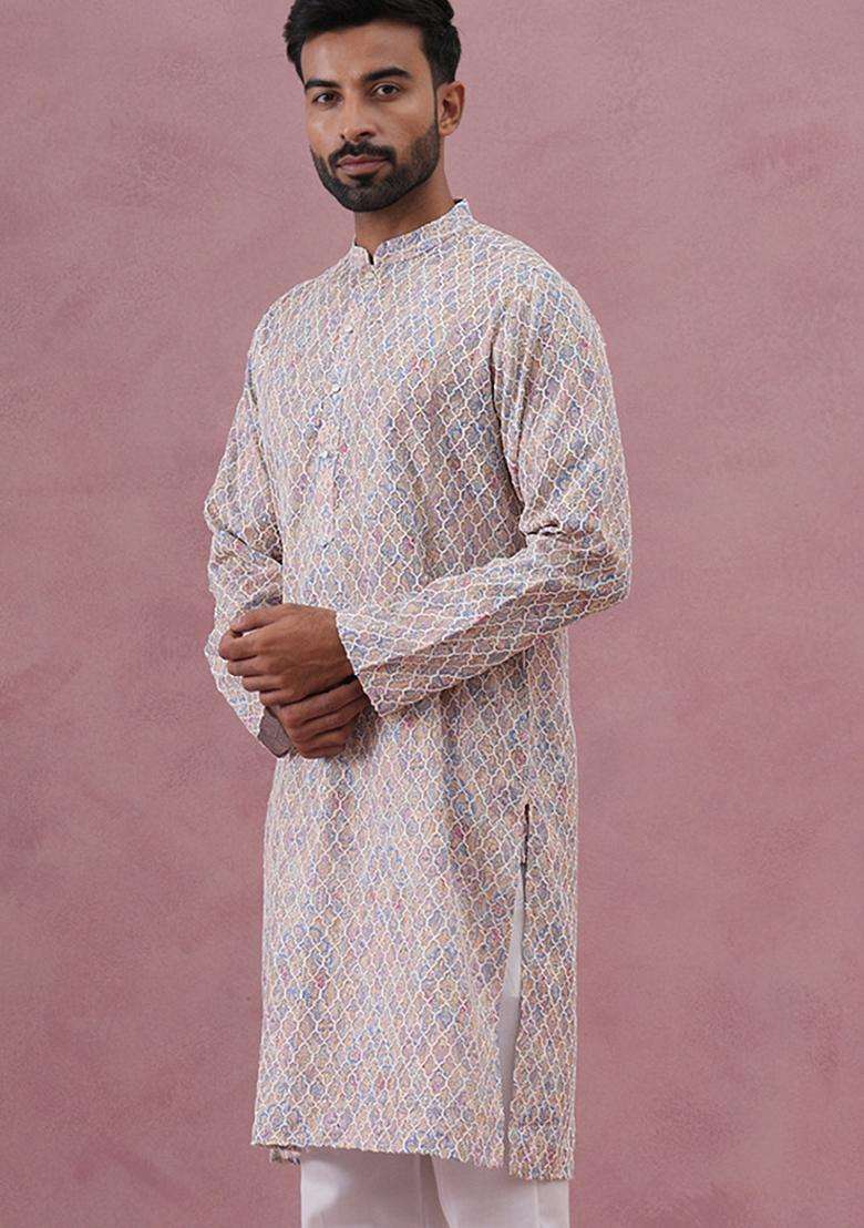 Multicolor Embroidery Cotton Kurta For Men - Indya