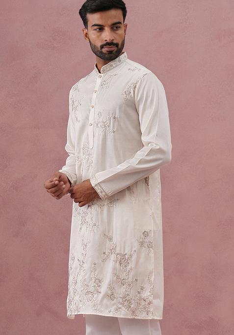 White Embroidery Cotton Kurta For Men
