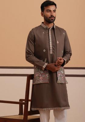Brown Embroidery Silk Blend Nehru Jacket Kurta Set For Men