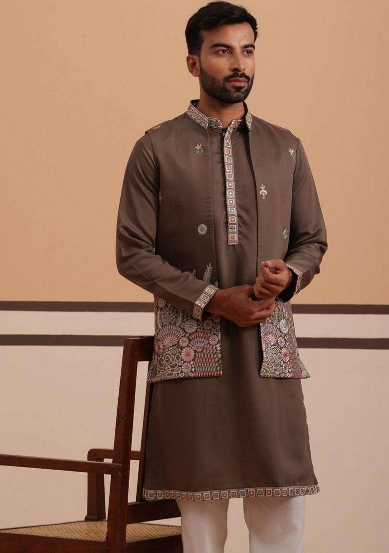 Brown Embroidery Silk Blend Nehru Jacket Kurta Set For Men - Indya