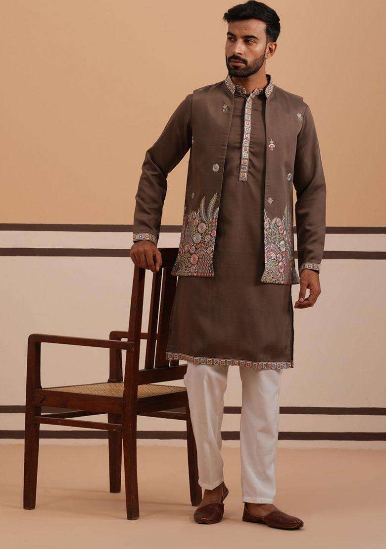 Brown Embroidery Silk Blend Nehru Jacket Kurta Set For Men - Indya